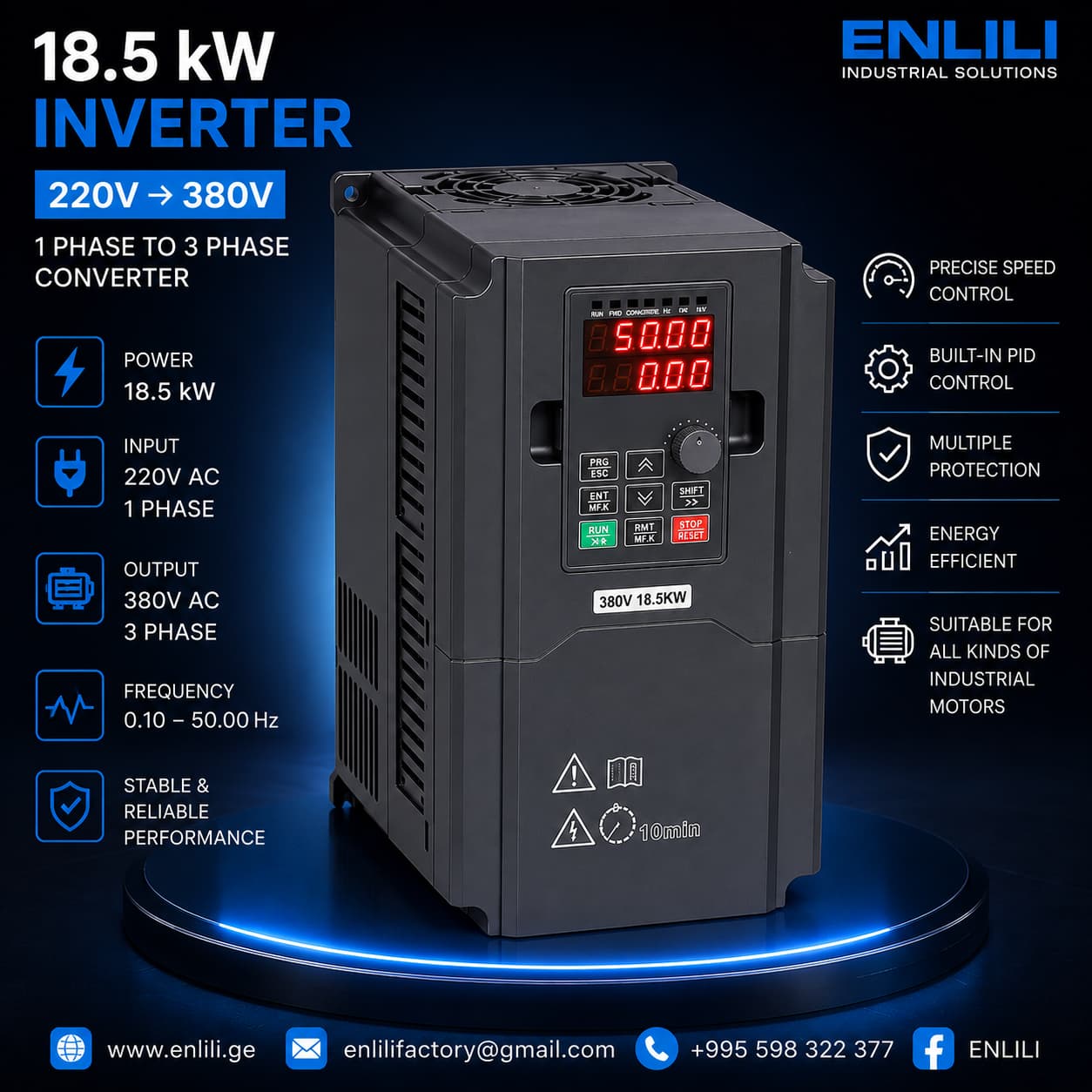 18.5kW Inverter 220V to 380V | Single Phase to Three Phase Converter | Industrial VFD Drive