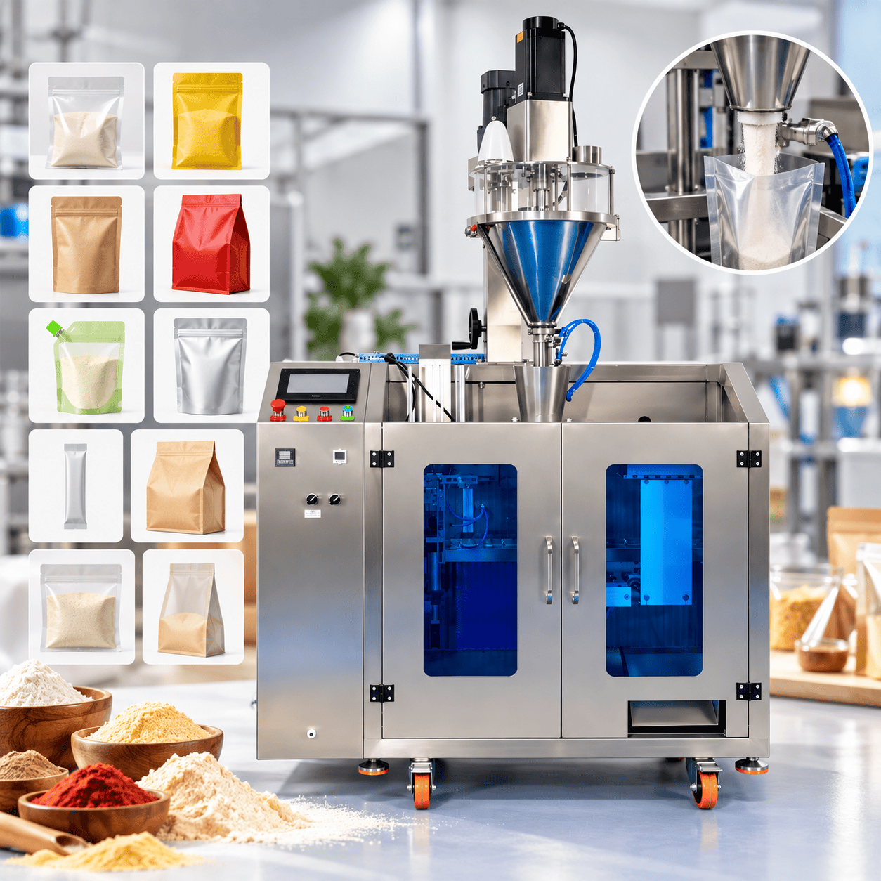 Automatic Powder Dosing, Bag Forming, Filling, Sealing and Cutting Packaging Machine