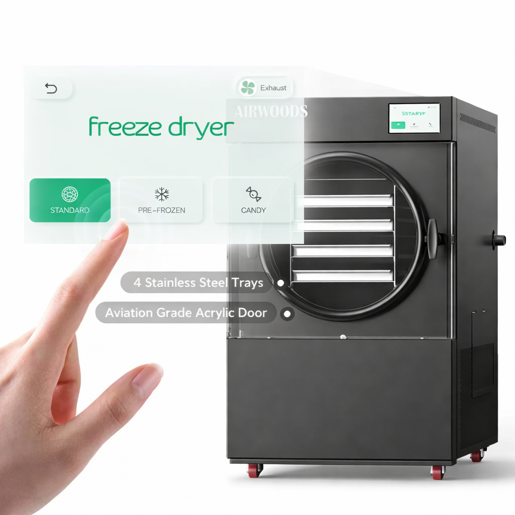 სუბლიმირებული შრობის პროფესიონალური დანადგარი ავტომატური მართვის ლიოფილიზატორი 4 კგ-იანი გაყინვით საშრობი მანქანა ხილისა და ბოსტნეულის გადასამუშავებლად