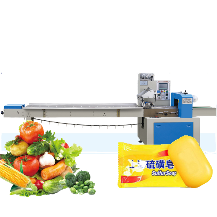 Automatic flow packaging machine for chocolate biscuit cake products, soap