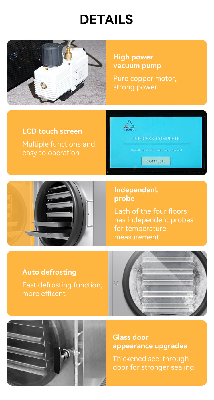 სუბლიმირებული შრობის პროფესიონალური დანადგარი ავტომატური მართვის ლიოფილიზატორი 7 კგ-იანი გაყინვით საშრობი მანქანა ხილისა და ბოსტნეულის გადასამუშავებლად