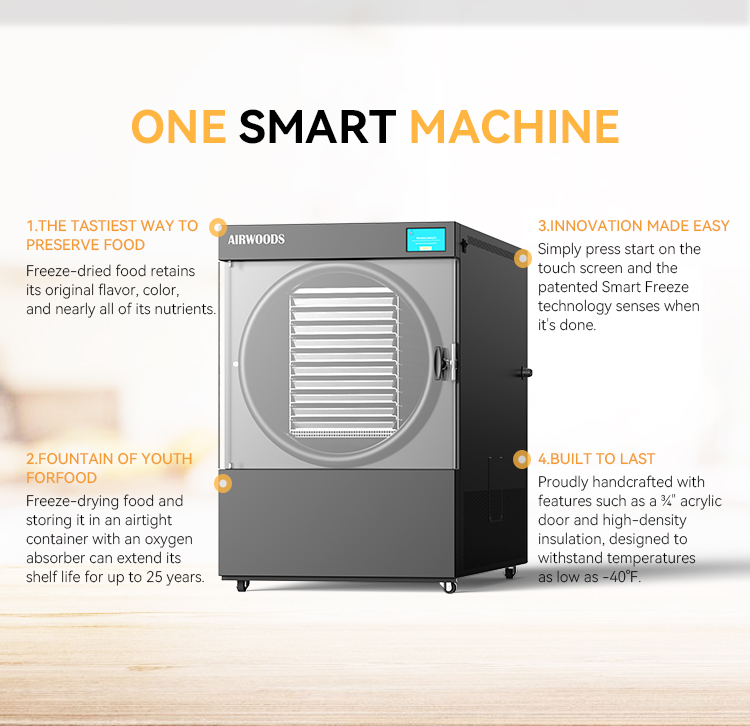 სუბლიმირებული შრობის პროფესიონალური დანადგარი ავტომატური მართვის ლიოფილიზატორი 20 კგ-იანი გაყინვით საშრობი მანქანა ხილისა და ბოსტნეულის გადასამუშავებლად