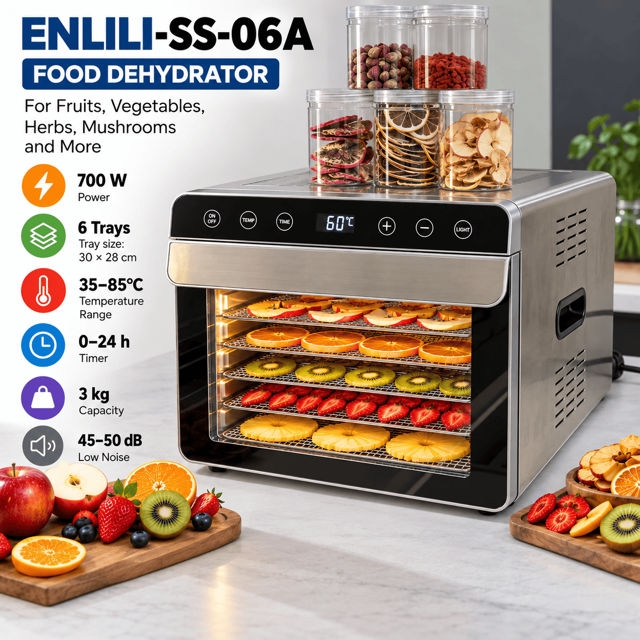 ENLILI-SS-06A Food Dehydrator — 6-Tray Fruit, Vegetable and Food Drying Machine