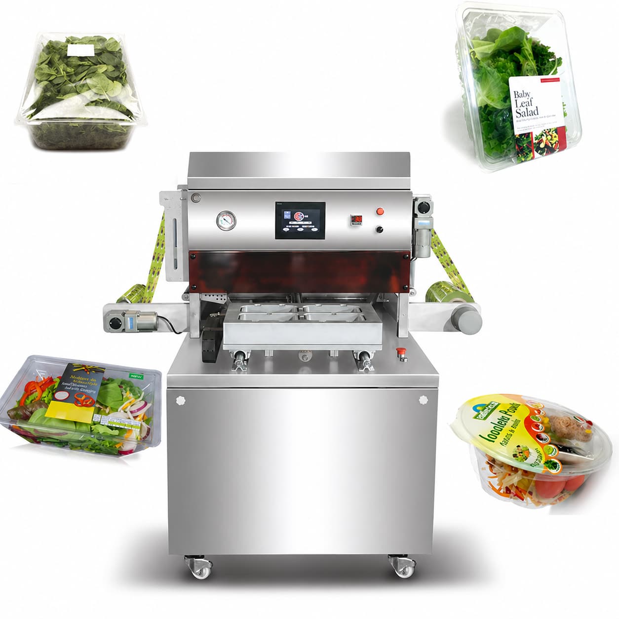 MAP უჯრის დალუქვის ავტომატური მანქანა KBT-450 | ვაკუუმი + გაზის შევსება | 300-400 უჯრა/სთ