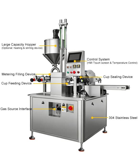 სოუსის, პასტისა და თხევადი პროდუქტების ჭიქის ავტომატური სოუსის შემავსებელი და დალუქვის მანქანა (PP/ალუმინის ჭიქებისთვის)