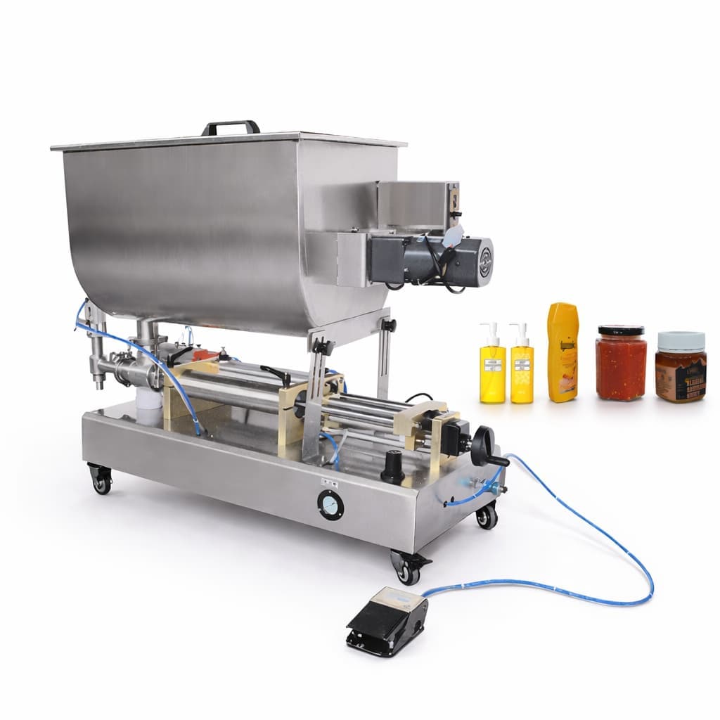 სქელი მასის დოზატორი მიქსერით — ნახევრად ავტომატური პისტონური შემავსებელი მანქანა (10–5000 მლ)