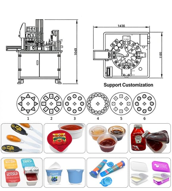 სოუსის, პასტისა და თხევადი პროდუქტების ჭიქის ავტომატური სოუსის შემავსებელი და დალუქვის მანქანა (PP/ალუმინის ჭიქებისთვის)